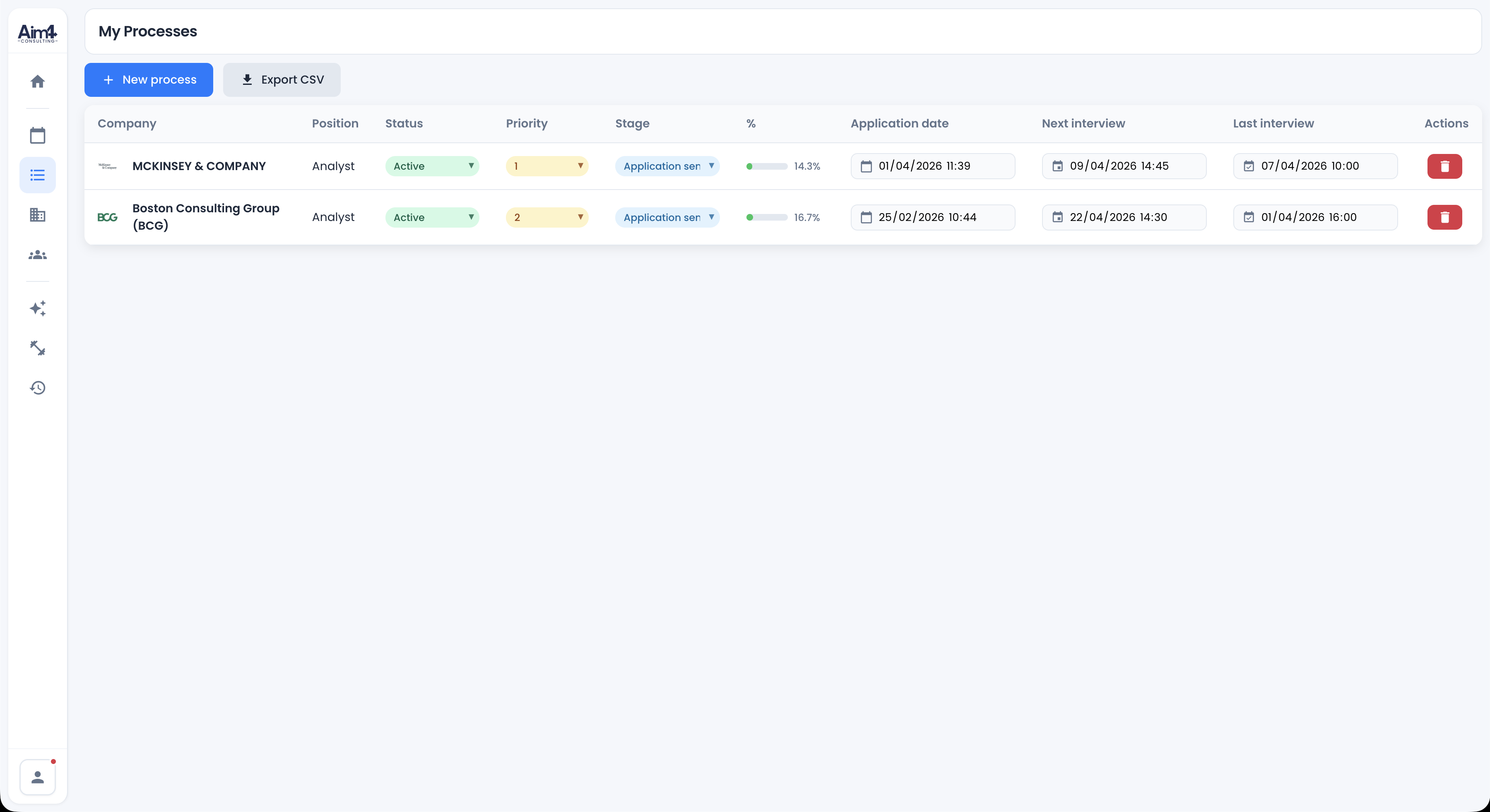 CRM — liste des candidatures